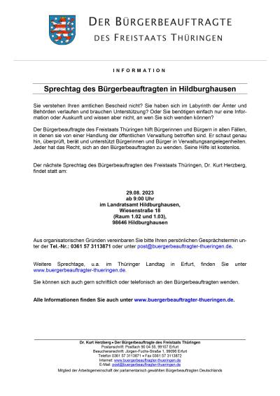 Sprechtag des Bürgerbeauftragten in Hildburghausen 29082023