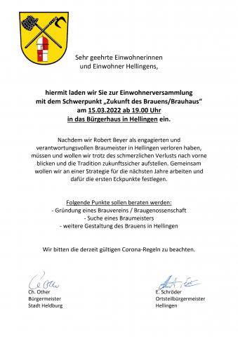 Einladung Bürgerversammlung Brauhaus Aushang Hellingen 15032022